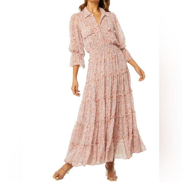 MISA Los Angeles Blush Pink Floral Maxi Dress XS Tiered Puff Sleeve Boho Prairie - Picture 7 of 7